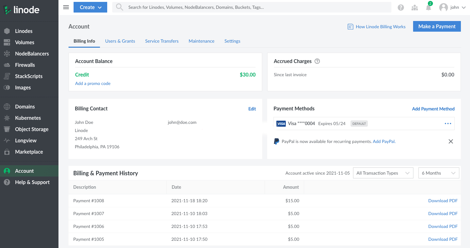 Linode正式新增PayPal和Google Pay为循环付款方式
